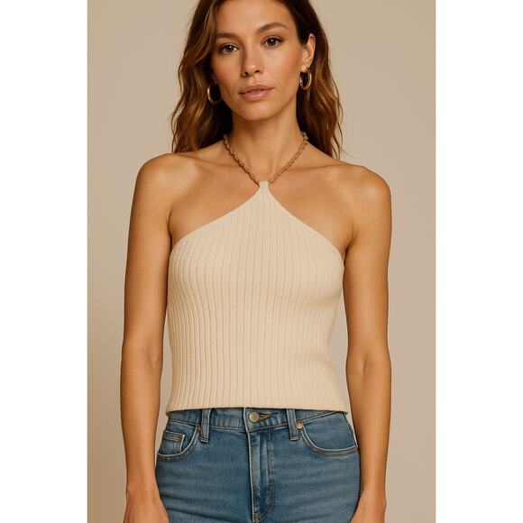 Heartloom Tops - Heartloom SZ XS Knit Halter Top/Cream Ribbed Beaded Neckline Strapless Back Y2K